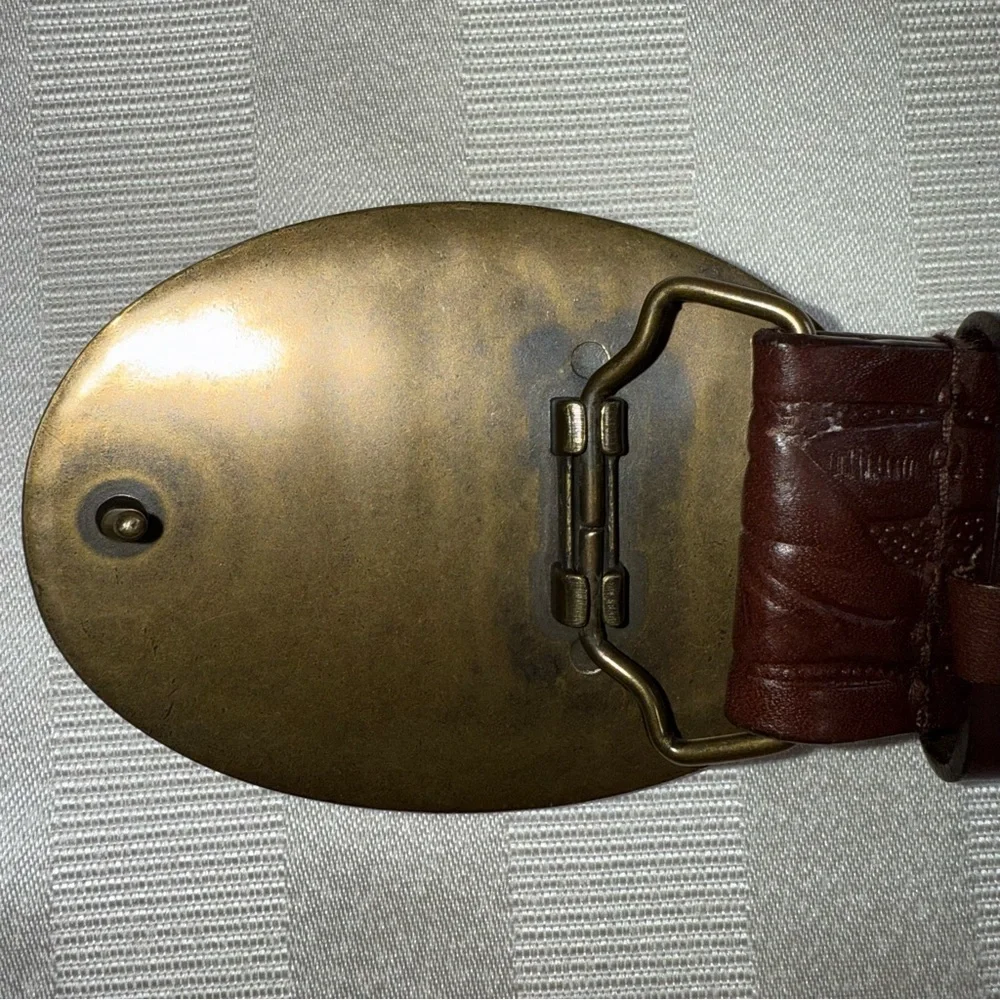 EXPRESS Genuine Italian Leather Embossed Belt Bronze Floral Hinged Buckle Size M